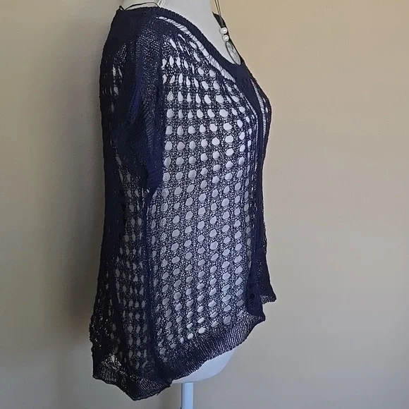 Anthropologie Little Yellow Bird Open Knit Pullover Crochet Top Navy EUC - XS - Picture 3 of 8